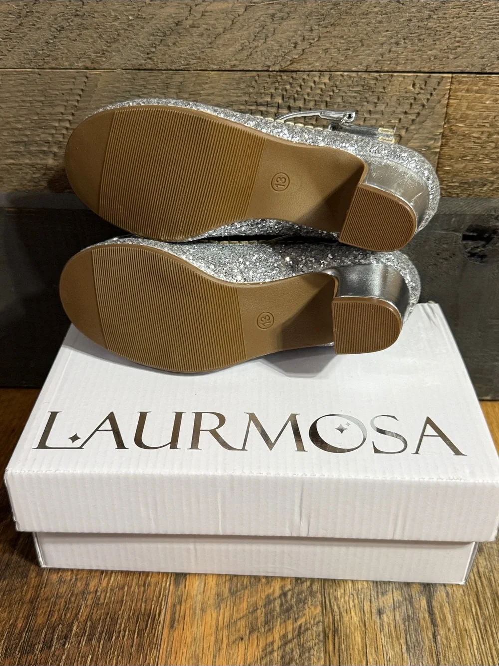 LAURMOSA Girls Size 13 Silver Glitter Bow Mary Jane Dress Shoes NIB
